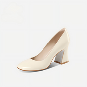 Polished Off-White Patent Heels with Comfortable Chunky Heel