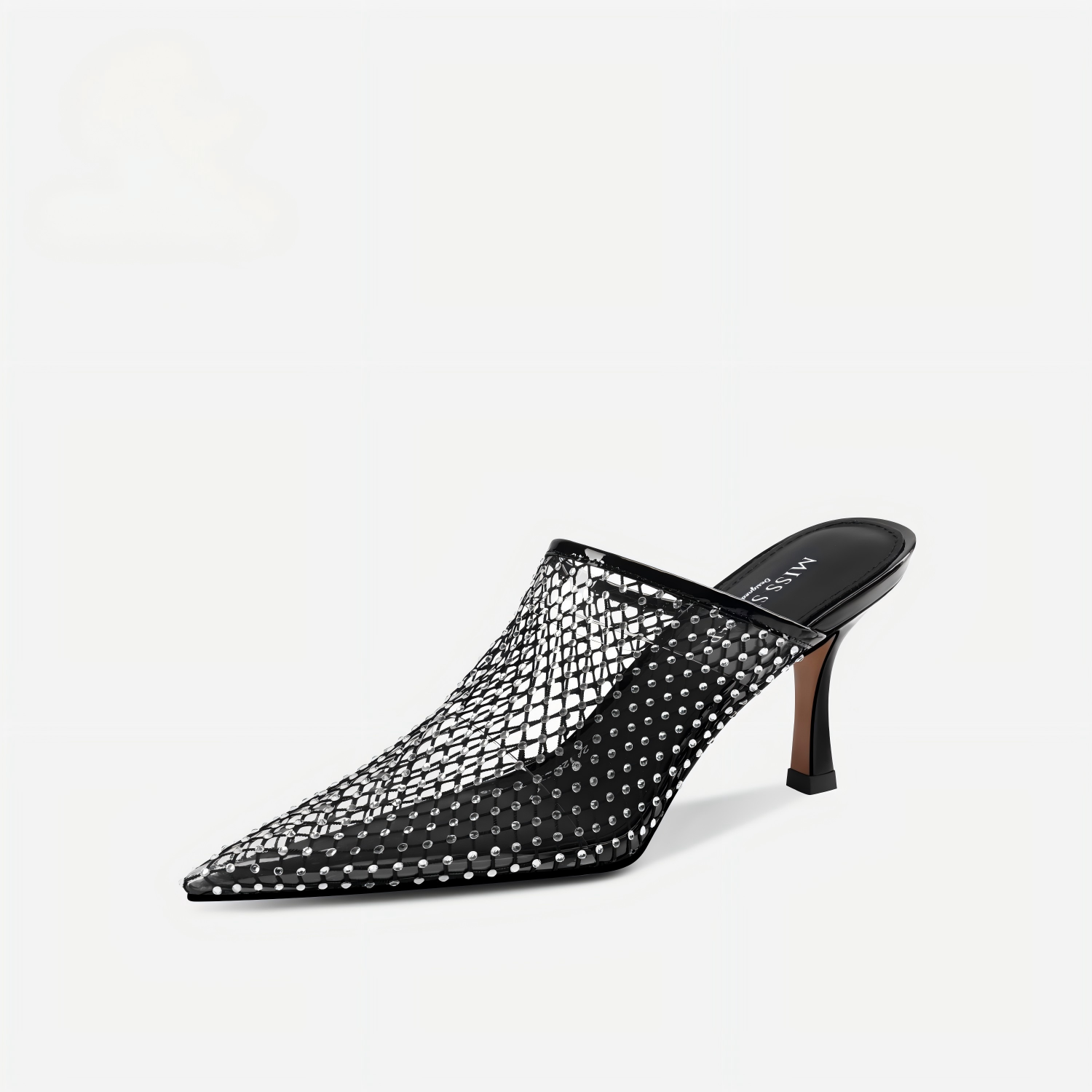 Black Rhinestone Mesh Pointed Toe Mule Heel Slides