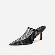 Black Rhinestone Mesh Pointed Toe Mule Heel Slides