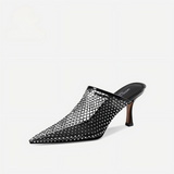 Black Rhinestone Mesh Pointed Toe Mule Heel Slides