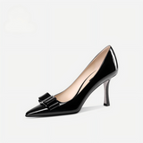 Sleek Black Stiletto Pumps in Patent Leather with Bow Detail