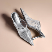 Silver Rhinestone Mesh Pointed Toe Mule Heel Slides