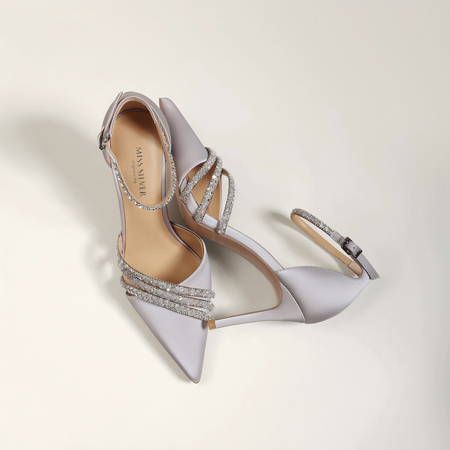 Lilac Satin Leather Crystal Ankle Strap Stiletto Heels