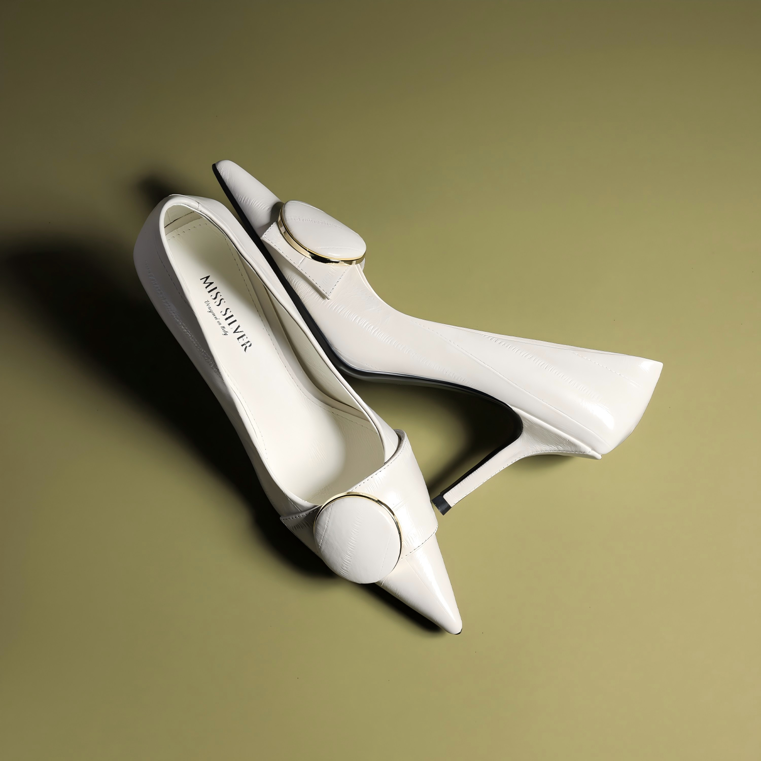 Off-White Pointed-Toe Stiletto Pumps with Buckle Detail