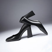 Black Calfskin Square-Toe Block Heel Pumps