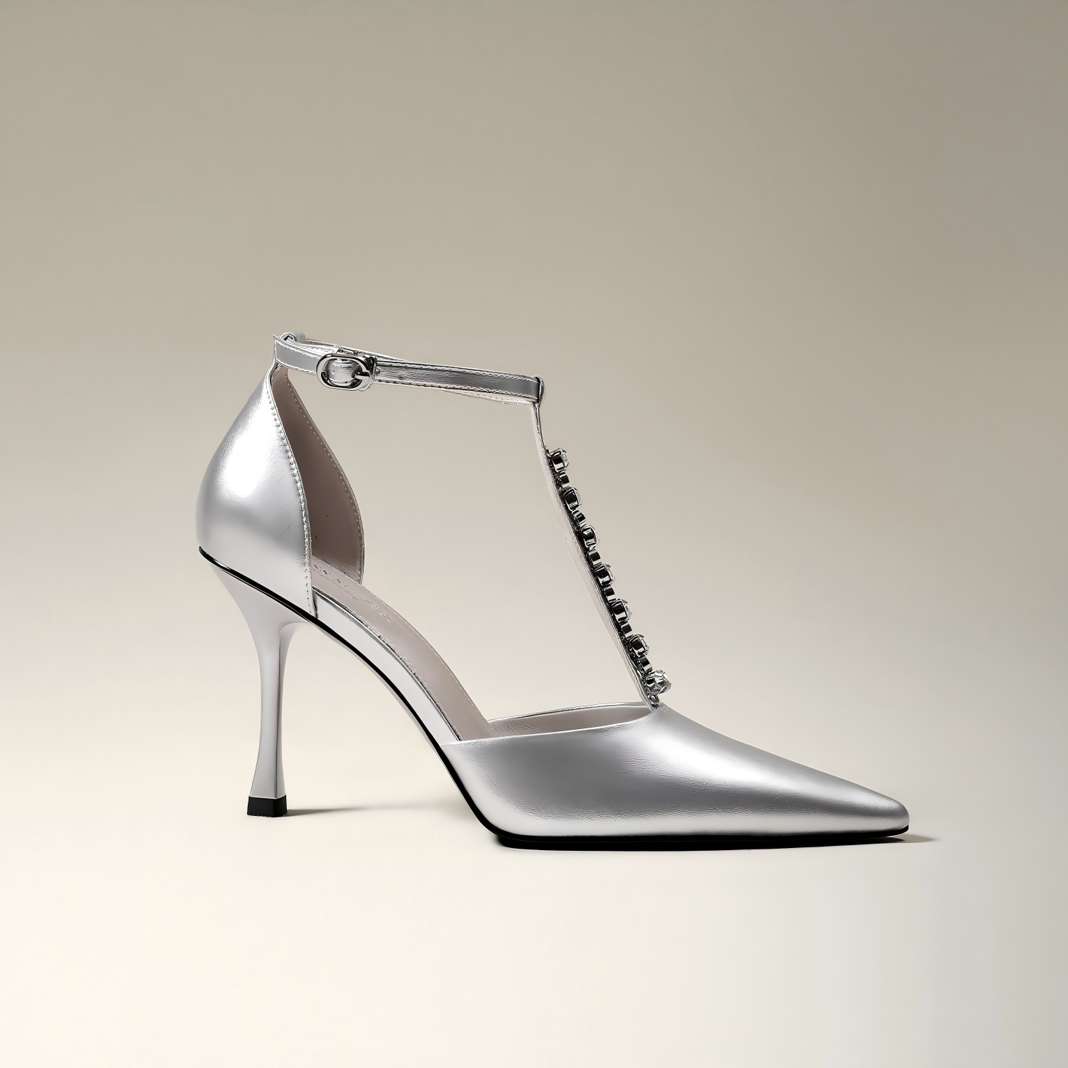 Silver Rhinestone T-Strap Pointed-Toe Stiletto Pumps
