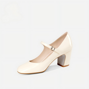 White Patent Leather Mary Jane Block Heels
