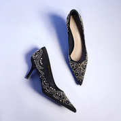 Elegant Black Suede Evening Pumps with Paisley Pearl Accents