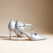 Silver Satin Rhinestone Ankle Strap Pumps