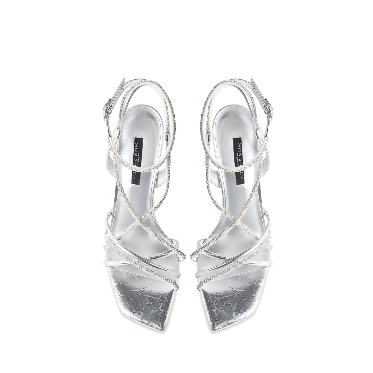 Silver Metallic Rhinestone Crisscross Ankle Strap Stiletto Sandals