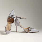 Lilac Satin Leather Crystal Ankle Strap Stiletto Heels