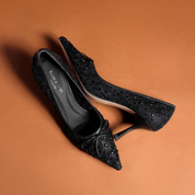 Black Lace Rhinestone Pointed Toe Bow Pumps