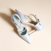 Silver Satin Rhinestone Ankle Strap Pumps