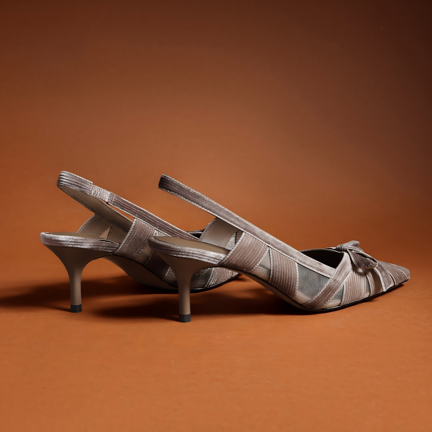 Light Mocha Mesh Bow Slingback Kitten Heels