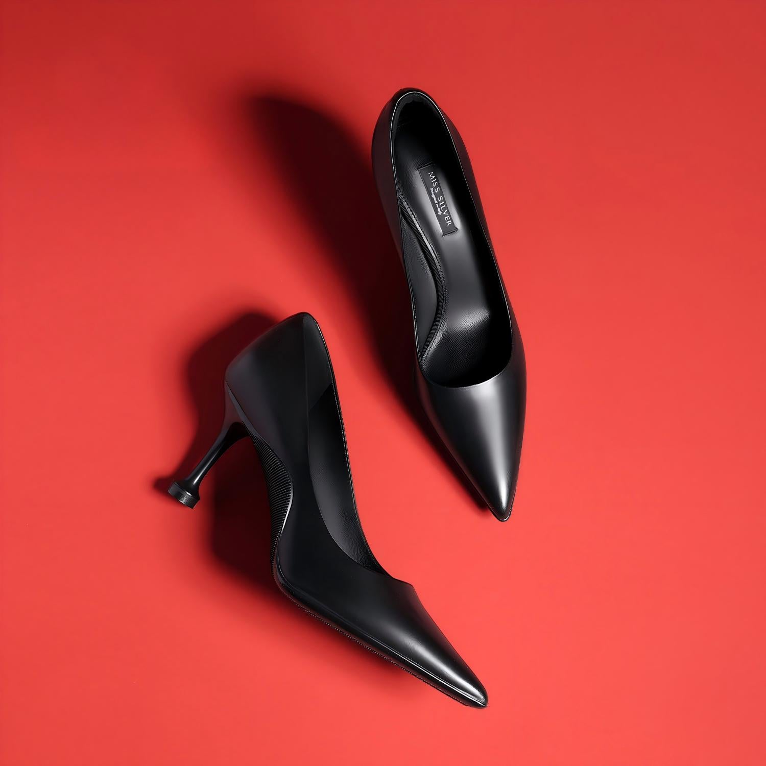 Black Leather Flared/Fluted Heel Pointed Toe Pumps
