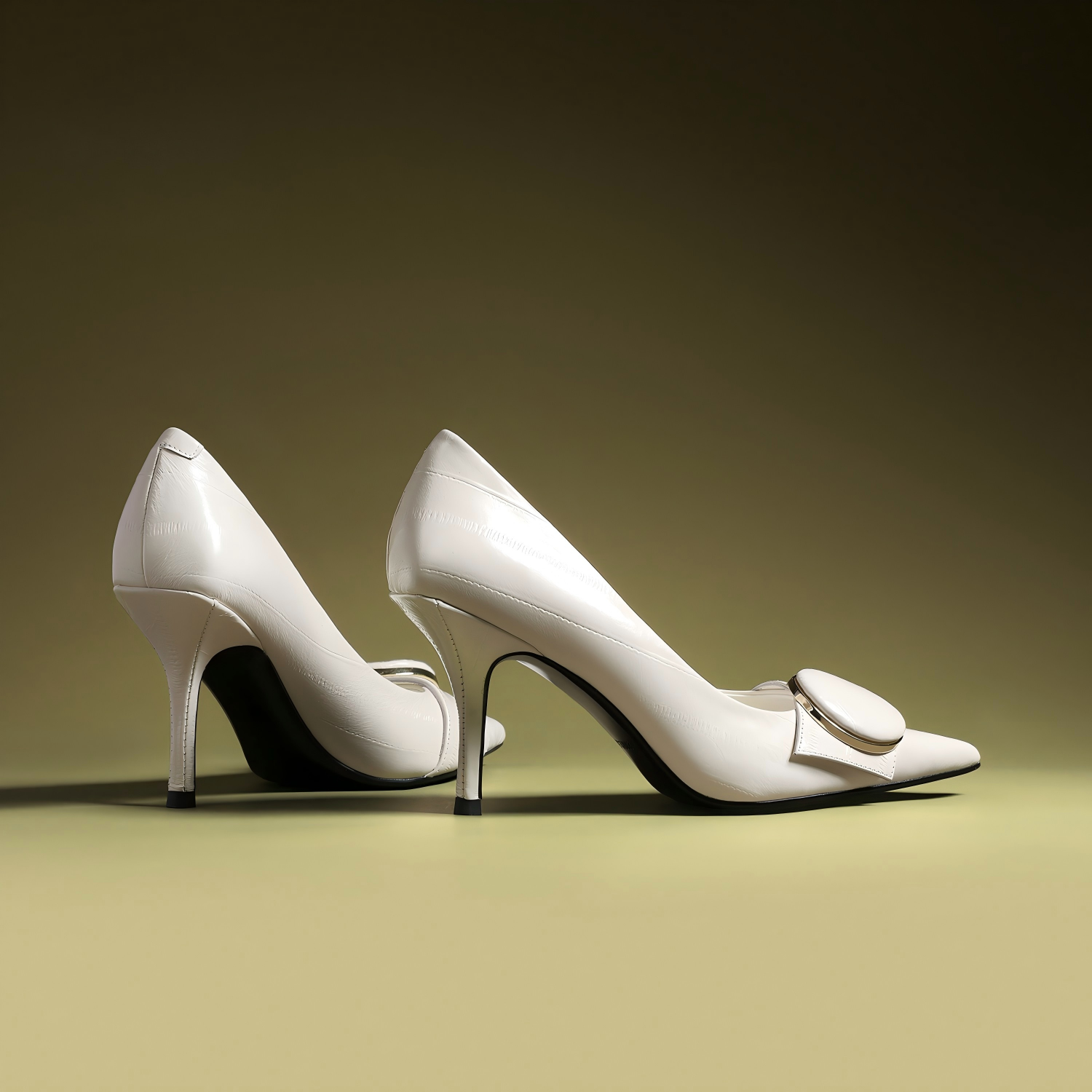 Off-White Pointed-Toe Stiletto Pumps with Buckle Detail