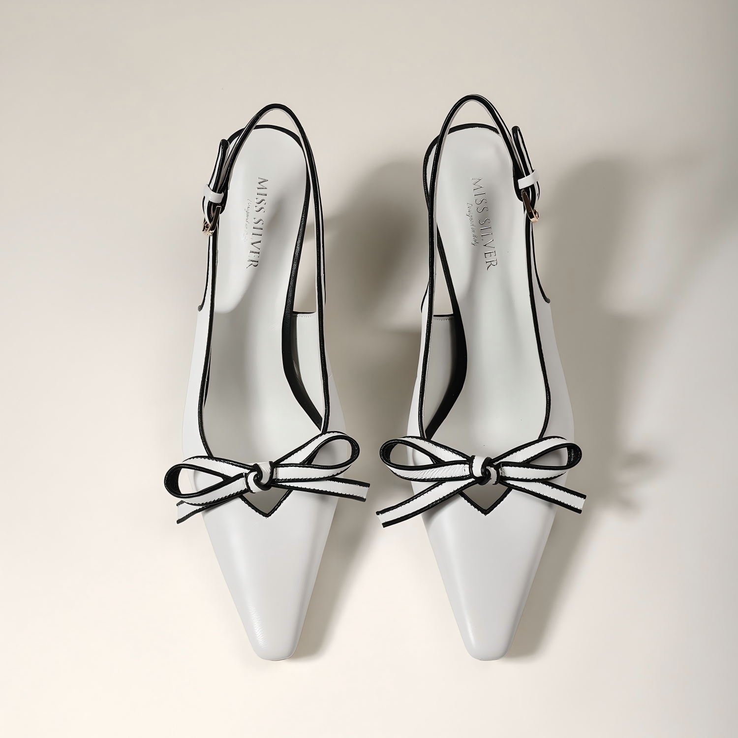 White Black Trim Bow Slingback Pointed Heels
