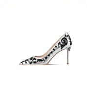 Silver Metallic Pumps with Black Abstract