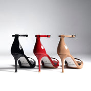 Black Patent Open-Toe Pointed Ankle Strap Stilettos
