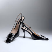 Square Toe Crystal Slingback Kitten Heels