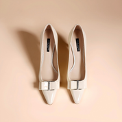 White Patent Leather Pointed Toe Stiletto Heels with Bow