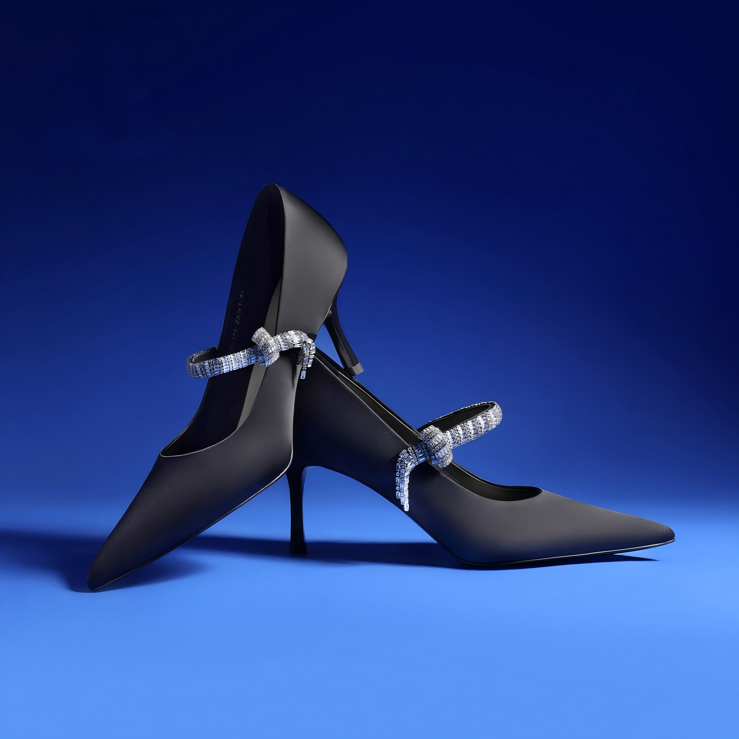 Black Satin Pointed-Toe Mary Jane Stiletto Pumps with Crystal Bow Strap