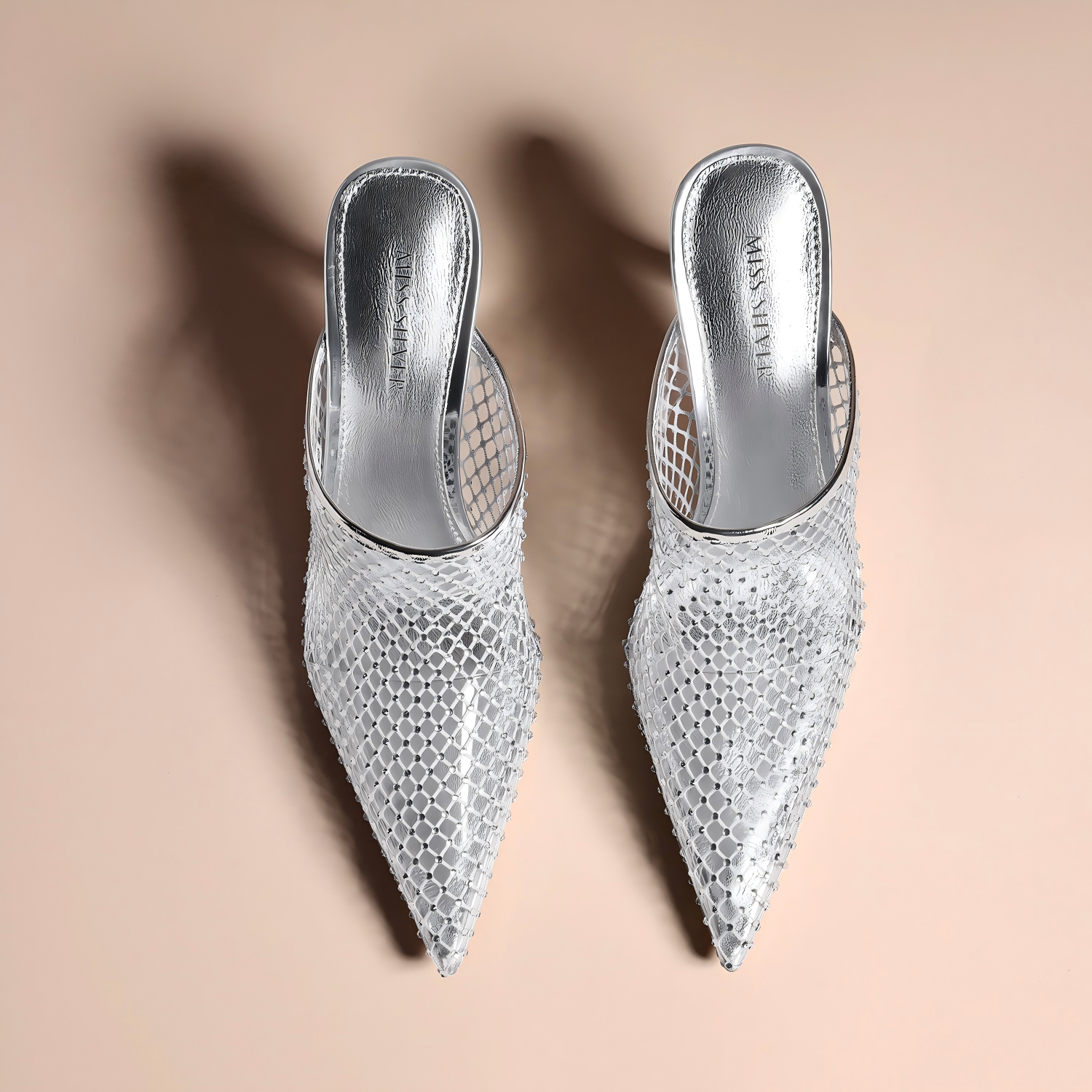 Silver Rhinestone Mesh Pointed Toe Mule Heel Slides