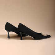 Black Velvet Crystal Buckle Square Toe Kitten Heels
