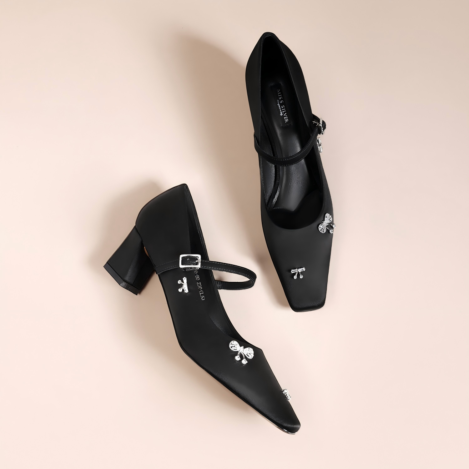 Black Satin Calf Leather Block Heel Dress Pumps