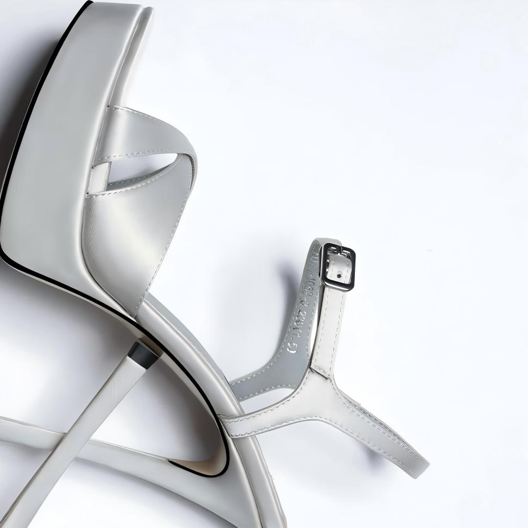 Silver Grey Satin Platform Ankle Strap Stiletto Heel Sandals