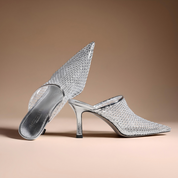 Silver Rhinestone Mesh Pointed Toe Mule Heel Slides