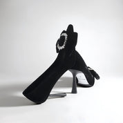 Blue Velvet Bow Rhinestone Buckle Pointed Toe Pumps