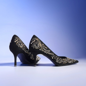 Elegant Black Suede Evening Pumps with Paisley Pearl Accents