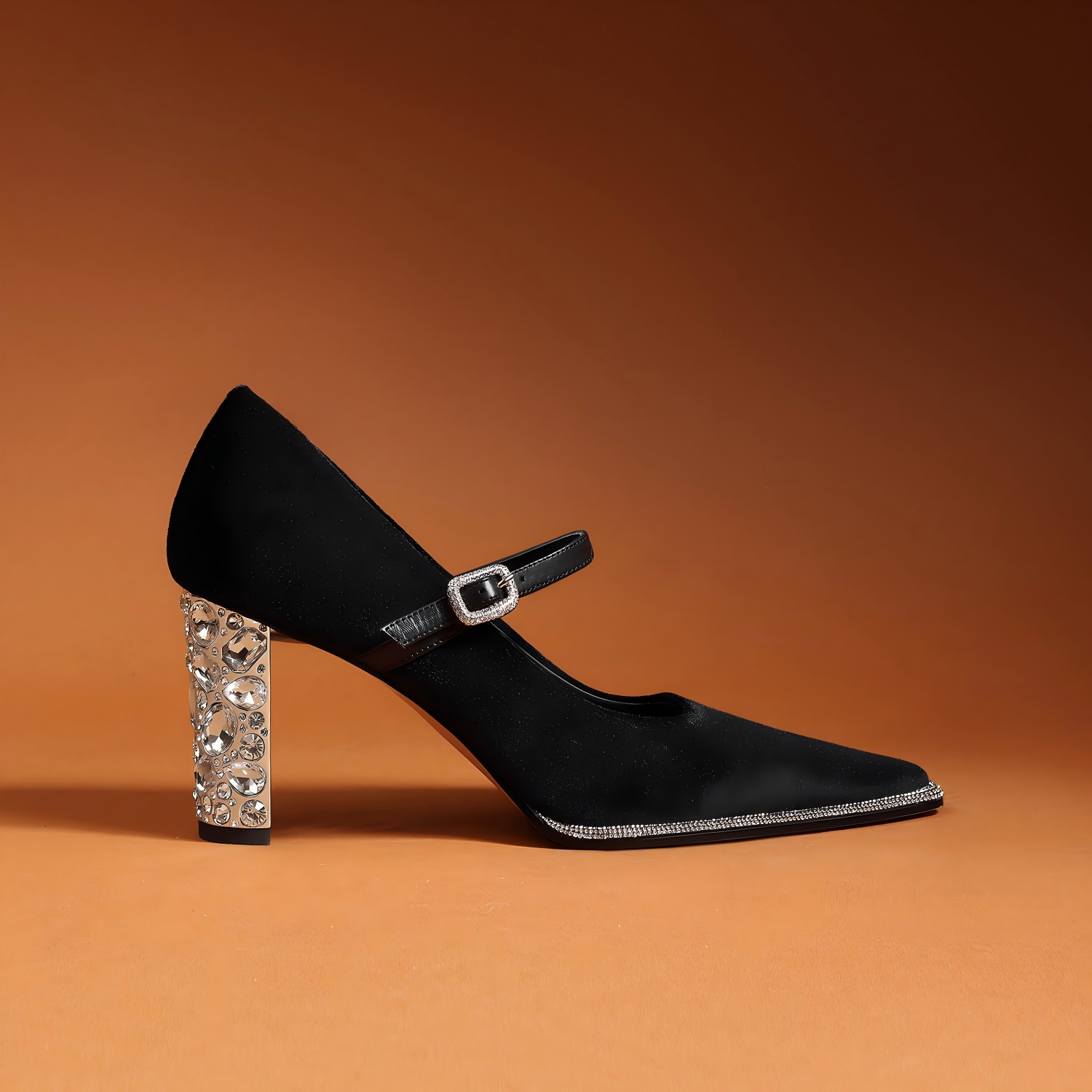 Black Velvet Mary Jane Pumps with Crystal Embellishments
