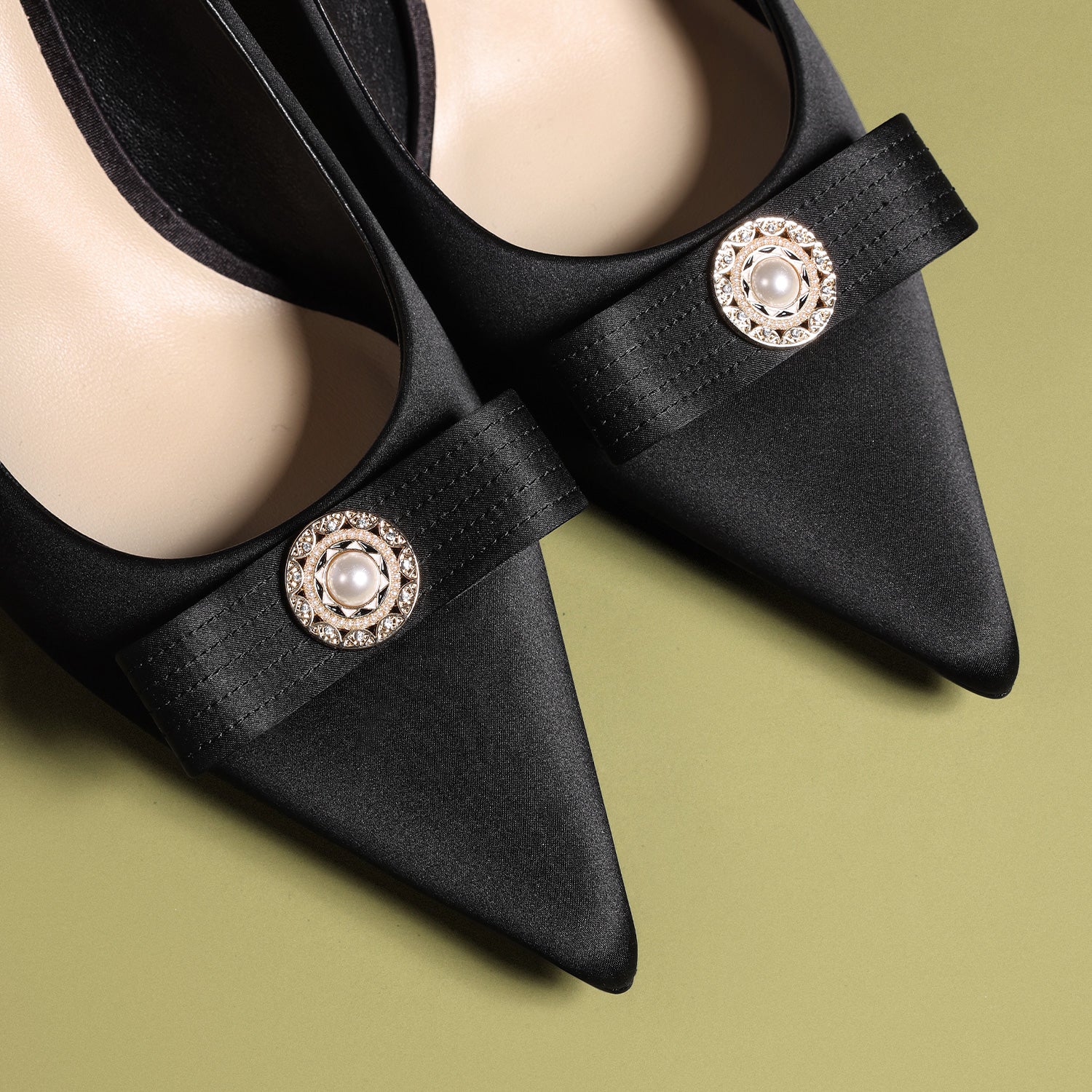 Black Satin Pointed-Toe Stiletto Pumps