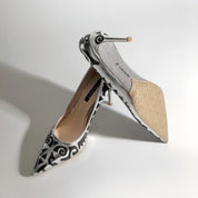 Silver Metallic Pumps with Black Abstract