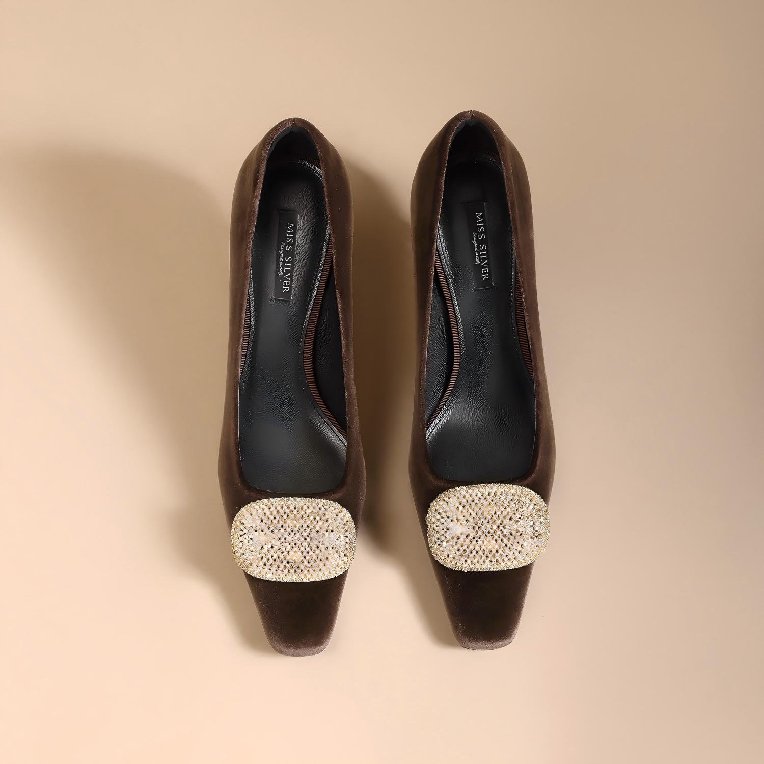 Chocolate Velvet Crystal Buckle Square Toe Kitten Heels