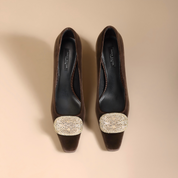 Chocolate Velvet Crystal Buckle Square Toe Kitten Heels