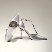 Silver Rhinestone T-Strap Pointed-Toe Stiletto Pumps