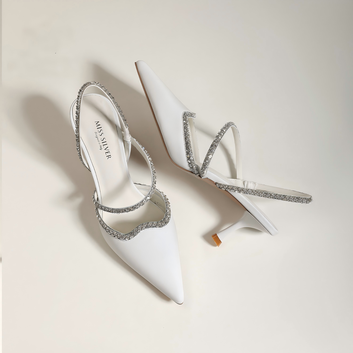 Genuine Leather Crystal Trim Slingback Pointed Toe Kitten Heel Pumps