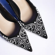 Black Suede Pointed-Toe Stiletto Pumps with Pearl
