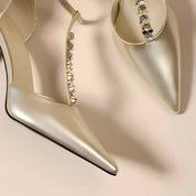 Champagne Gold Rhinestone T-Strap Pointed-Toe Stiletto Pumps