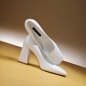 White Calfskin Square-Toe Block Heel Pumps