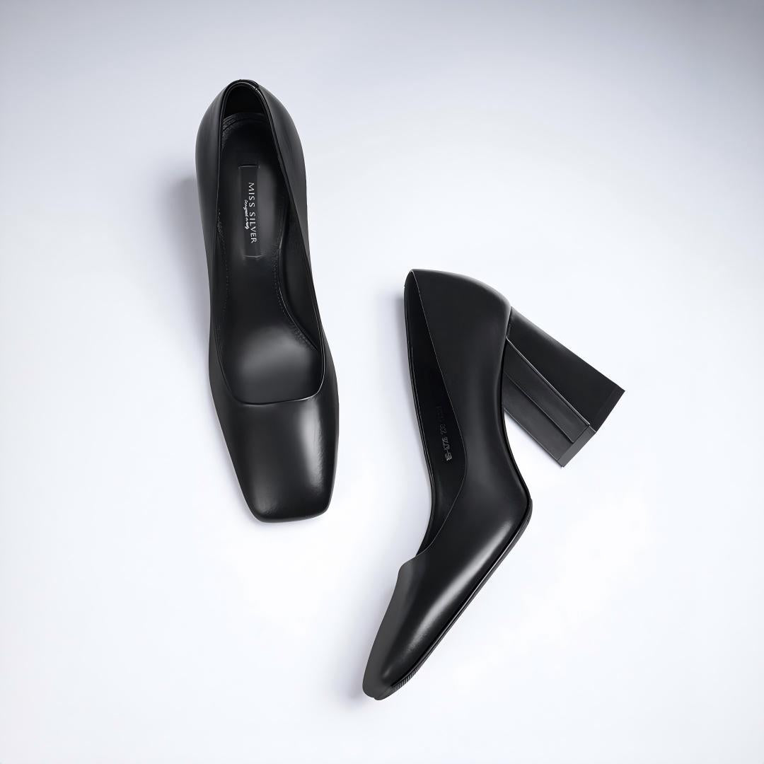 Black Calfskin Square-Toe Block Heel Pumps