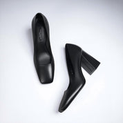 Black Calfskin Square-Toe Block Heel Pumps