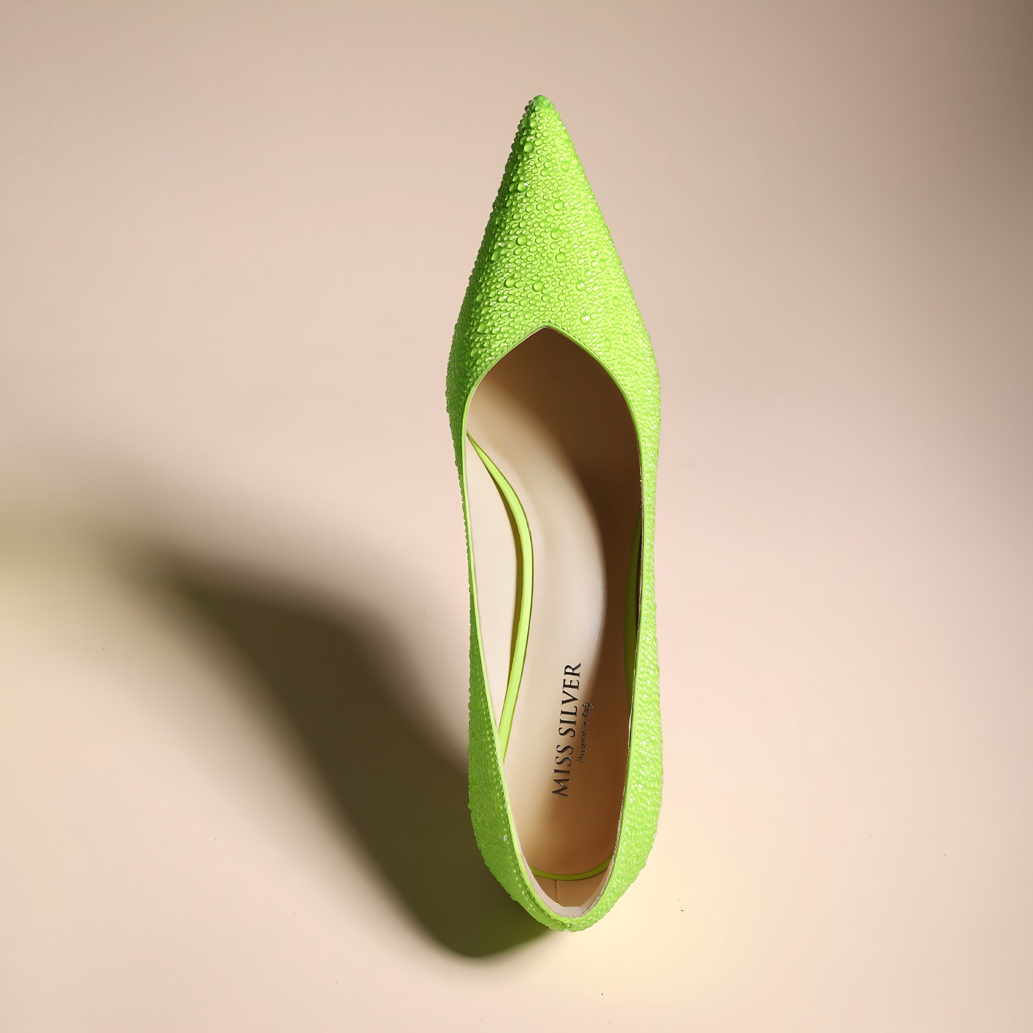 Neon Green Teardrop Crystal Pointed Toe Stiletto Pumps