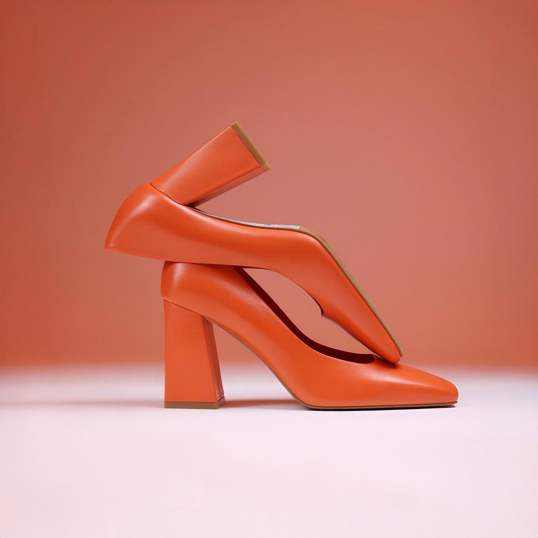 Orange Calfskin Square-Toe Block Heel Pumps