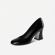 Black Patent Leather Block Heel Pumps with Polished Finish