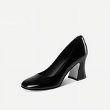 Black Patent Leather Block Heel Pumps with Polished Finish