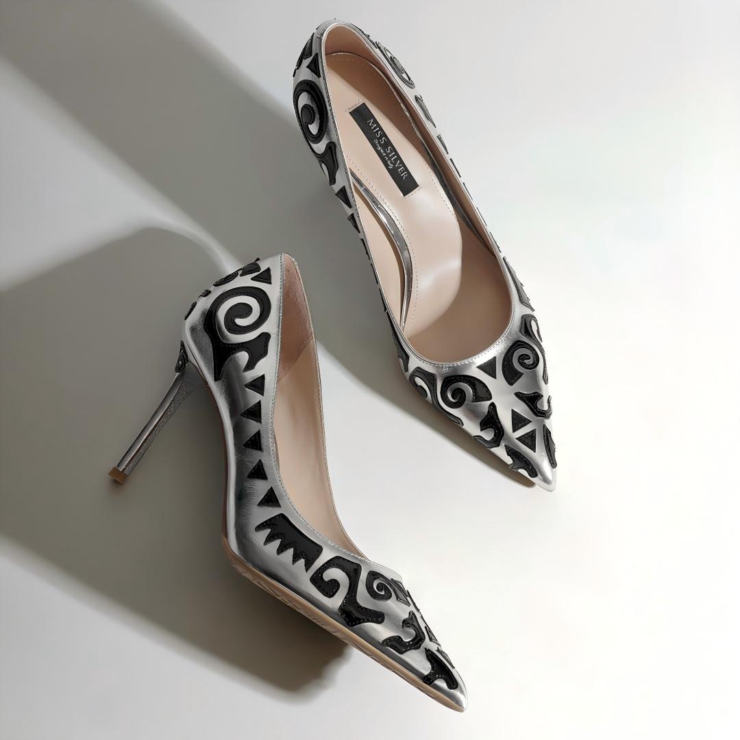 Silver Metallic Pumps with Black Abstract